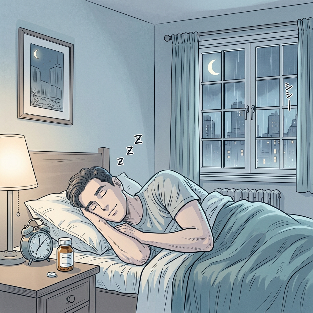 A man sitting on a bed late at night holding a pill bottle, thinking about insomnia and sleep issues